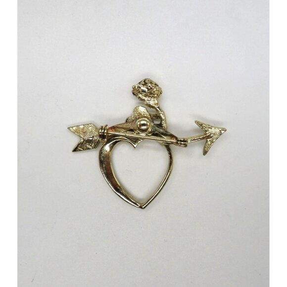 Valentine Brooch Cupid Heart Arrow Gold Tone Pin Red Rhinestones Love - Picture 11 of 12
